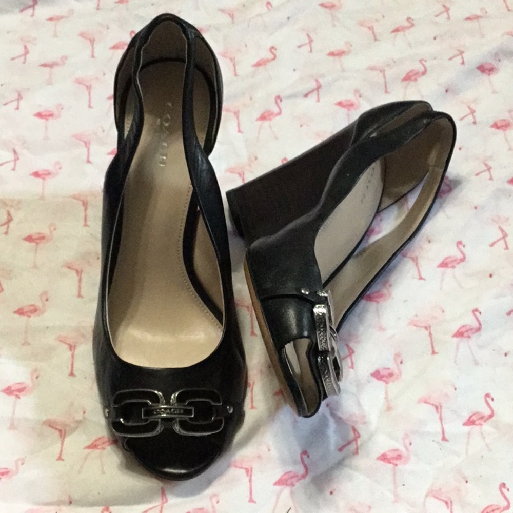 Coach leather peep toe wedges